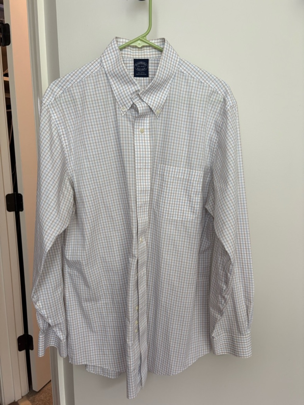 Brooks Brothers White Button-Down Dress Shirt with Blue and Light Brown Check